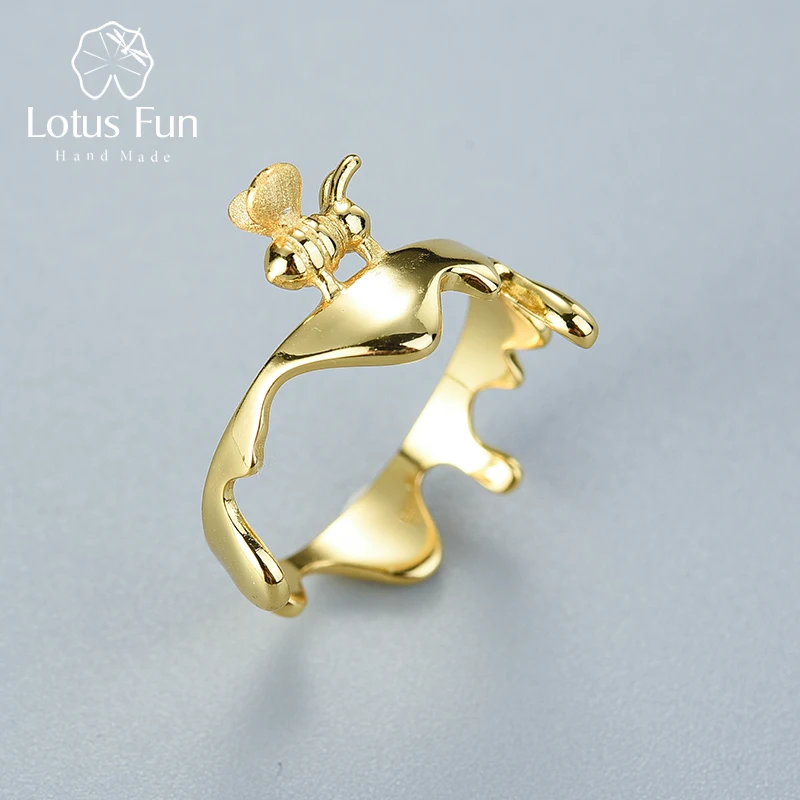 

Lotus Fun Real 925 Sterling Silver Ring Natural Original Handmade Designer Fine Jewelry Bee and Dripping Honey Rings for Women