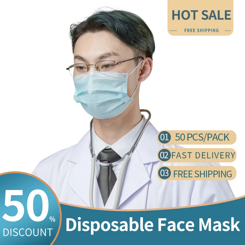 

3Ply 50Pcs/Pack Disposable Face Mask High Quality Non-Woven For Sale