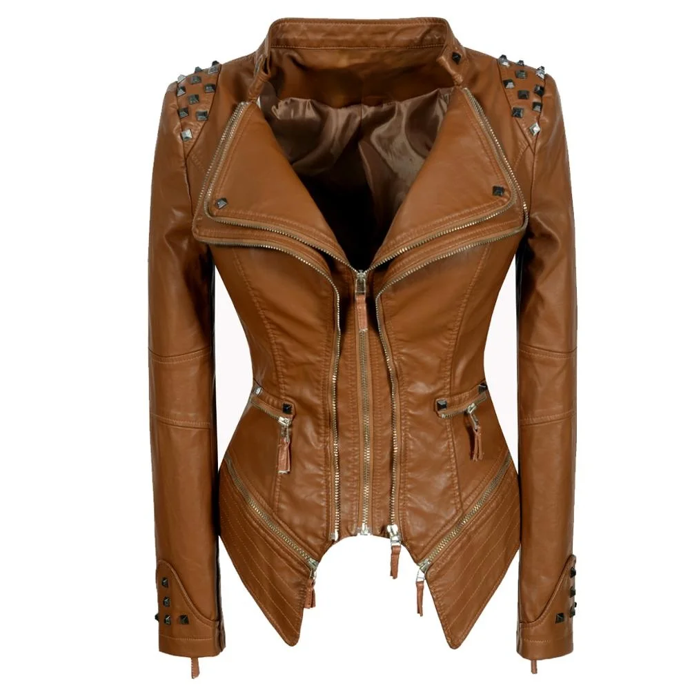 

2021 New Fashion Women Smooth Motorcycle faux PU Leather Jacket Lady Long Sleeve slim Biker Streetwear Snake print black Coat