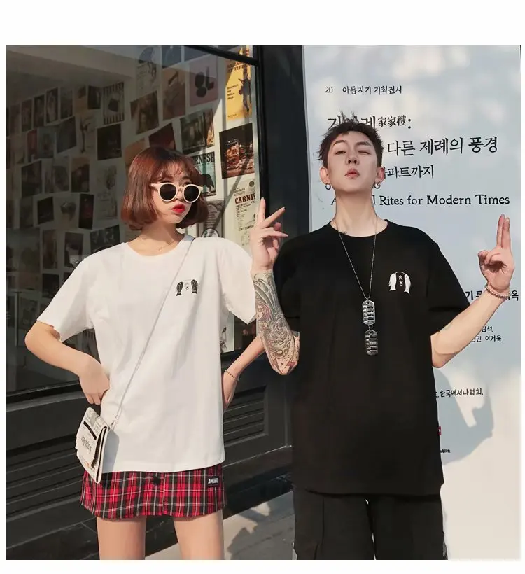 

2021 Summer New Couple Short-Sleeved T-shirt Boys Loose Umbrella Cat Half-Sleeved T-shirt All-Matching T-shirt