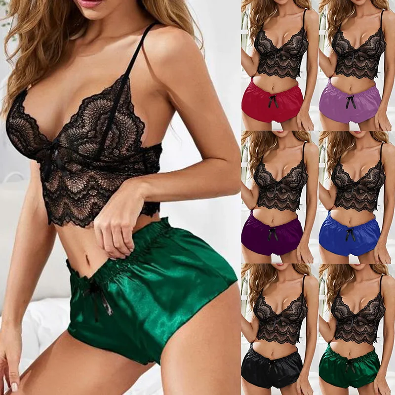 

Newest Arrival Fashion Women Sleepwear Sexy Satin Pajama Set Female Lace V-Neck Pyjamas Sleeveless Lace Cami Top and Shorts Sets