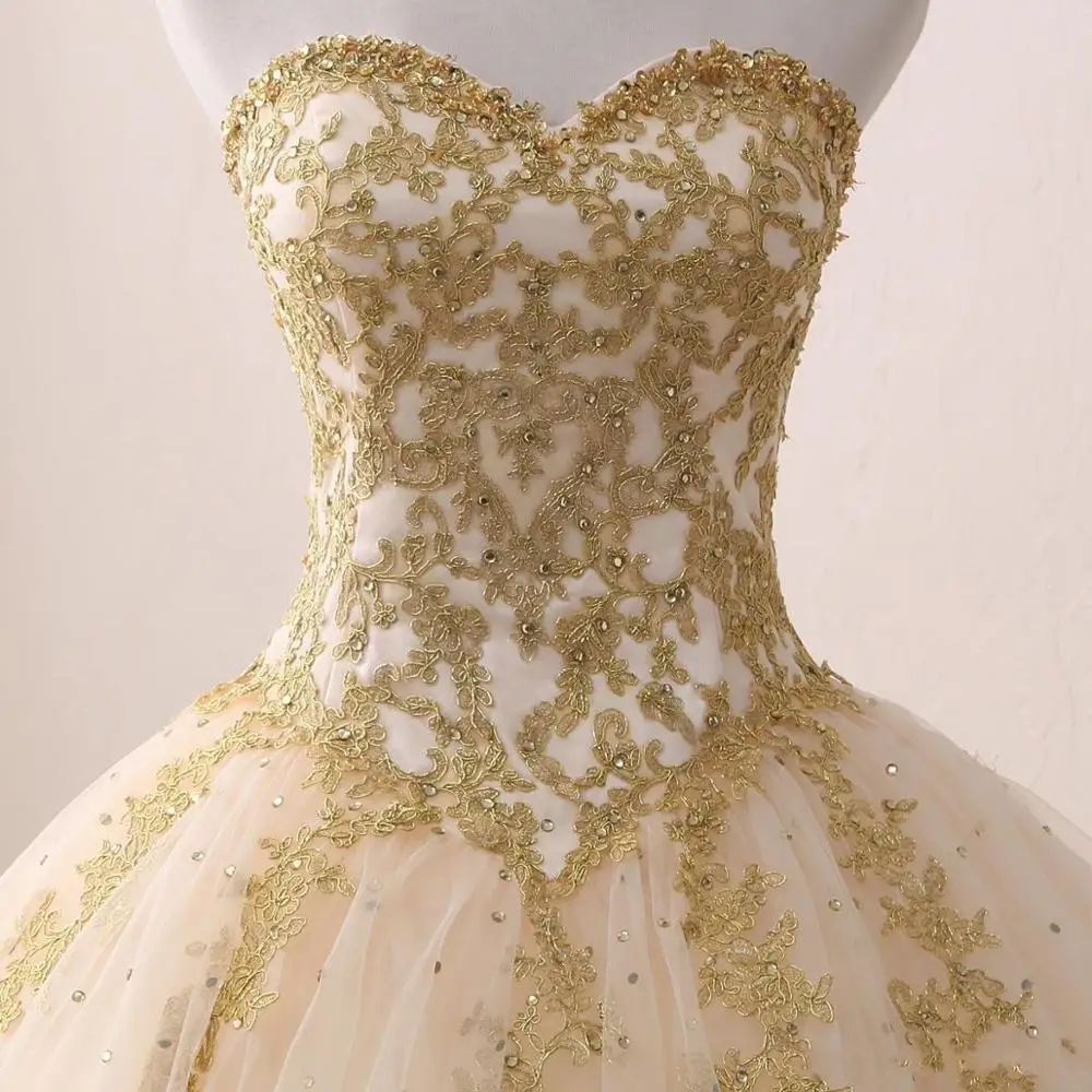 

2020 Cheap Real Images Gold Appliqued Ball Gown Quinceanera Dresses Sweetheart Tulle Floor Length Sweet 16 Dresses Party Dress