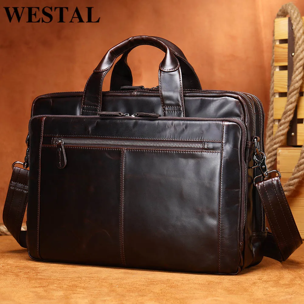 WESTAL Men's Leather Briefcase Bag for Men Messenger Totes Bag for Documents A4 Leather Laptop Bags 14'' Computer Briefcase 9207