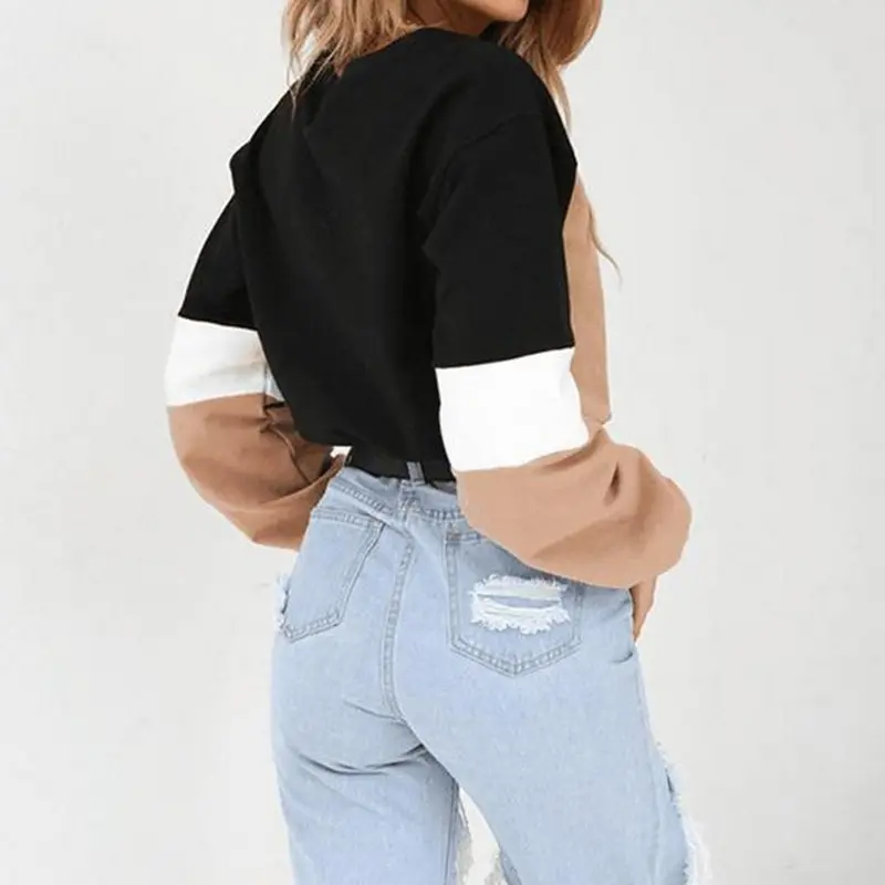 Женский укороченный Топ с длинным рукавом Повседневный пуловер составного кроя