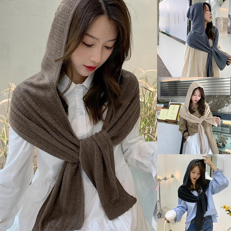 

Female Shawls Wraps Scarf Hoodie Hat Neck Scarf 170*22cm Warm Ear Warmer Wrap Pullover Headscarf Winter Knit Hooded Scarf