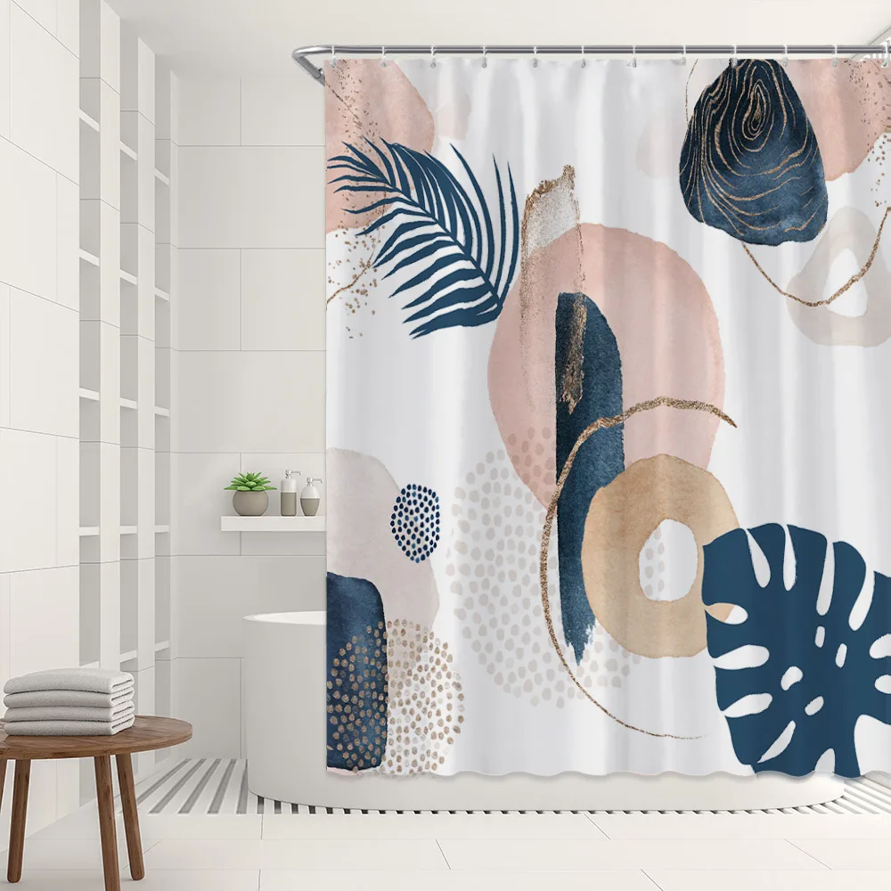 

Abstract Mid Century Shower Curtain Set Geometric Floral Plant Bathroom Minimalist Modern Art Bathtub Decor Fabric Curtains