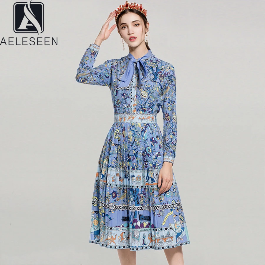 

2 Runway Pieces Fashion Spring Autumn New Arrival Blue Blouse+Midi Pleated Skirts Floral Print Elegant Party Sets