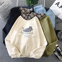 winter fake two casual women men sweatshirt letter the little print harajuku loose thick plaid turn down collar pullover couples
