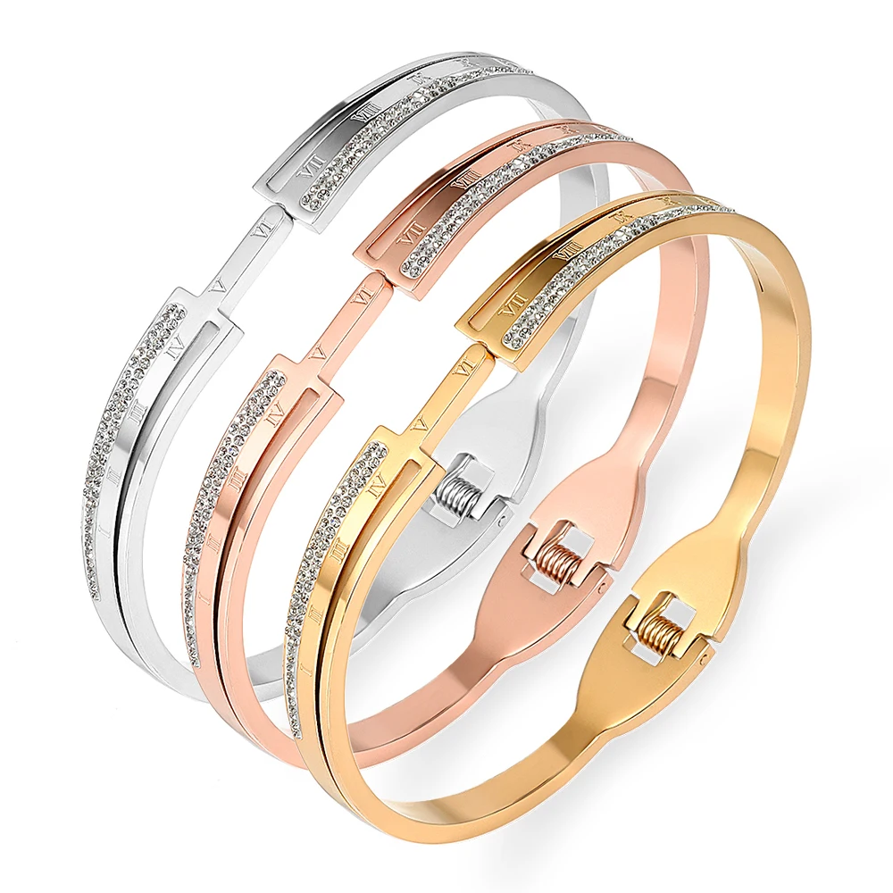 

New Top Selling Luxury Brand Crystals Metal Chain Bangles & Bracelets Women Jewely Stainless Steel Roman numeral Bangles