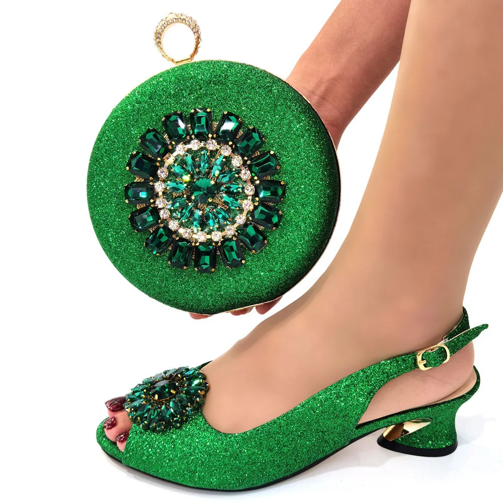 

Hot Sale Green Women Shoes Match Purse With Rhinestones Decoration African Pumps And Round bag Set For Dressing CR791,Heel 4.5CM