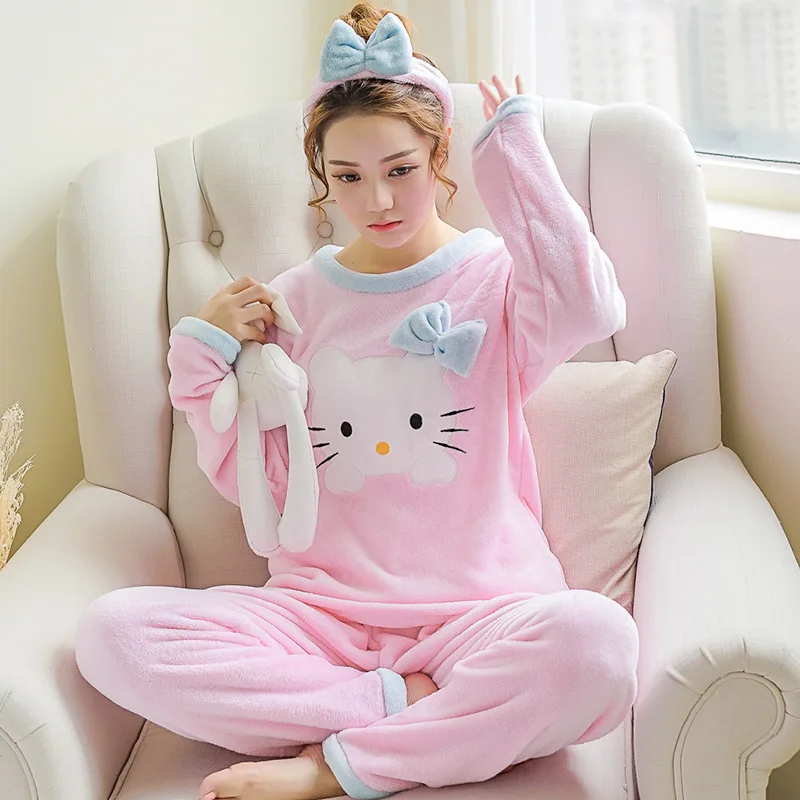 R J fen KT Корейский kawaii розовый мультяшный пижамный комплект зимняя Пижама модная ночная рубашка домашняя одежда для отдыха фланелевая теплая Пижама женская одежда для сна - Цвет: R J fen KT