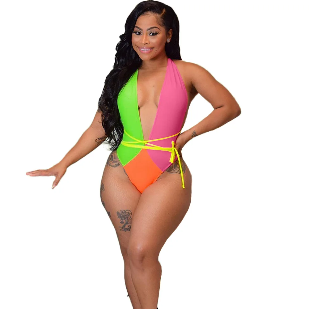 

Yx9123 EBA new sexy fashion multi color one piece swimsuit with contrast stitching