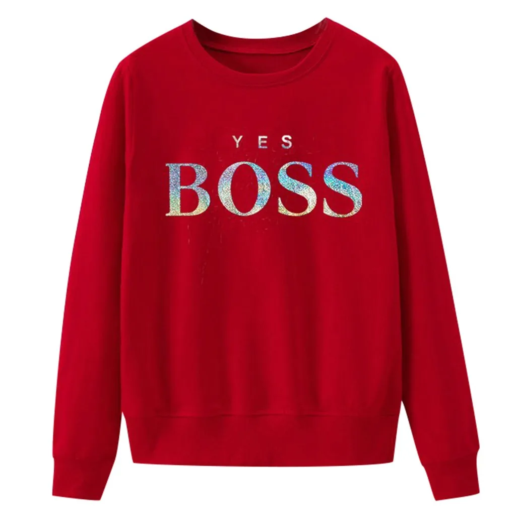 Красный Женская Осенняя толстовка с блестками и надписью «Yes Boss», Женская толстовка с капюшоном, пуловер с длинным рукавом в стиле Харадзюку, джемпер, Sudadera Mujer - Цвет: Красный