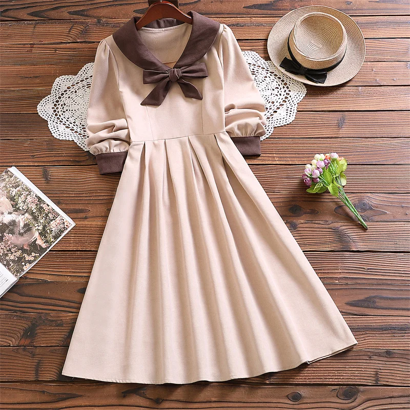 

Весенне-осеннее Модное Элегантное милое платье mori girl mujer Новое поступление однотонное платье с длинным рукавом