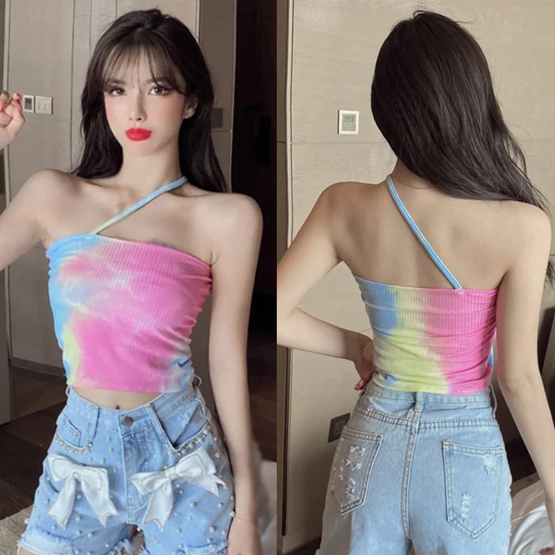 

Summer Women Camis Tie-dyed Tops Halter Ladies Sexy Off Shoulder Tank Tops Female Crop Top