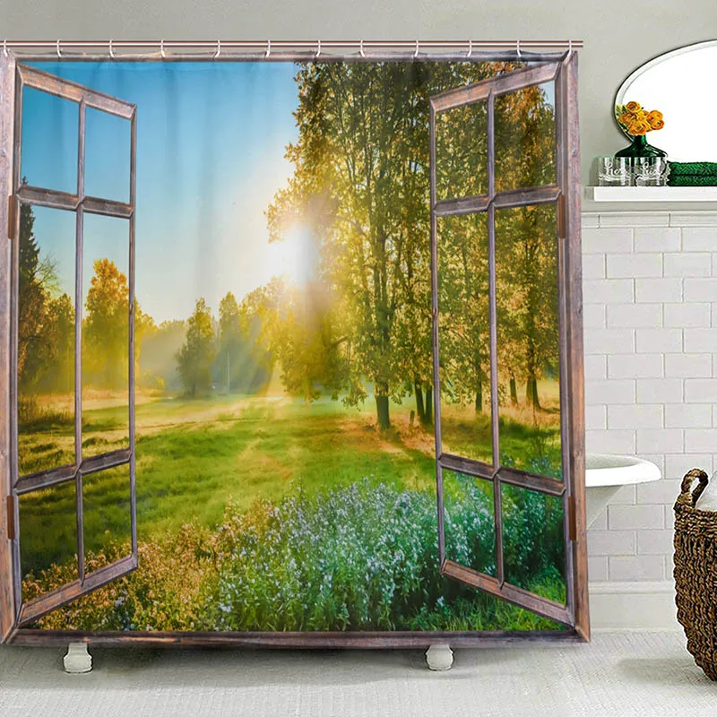 

Sunrise View from the Window Curtain for Bathroom Eco-friendly Washable Landscape Shower Curtain Waterproof Fabric Bath Curtain