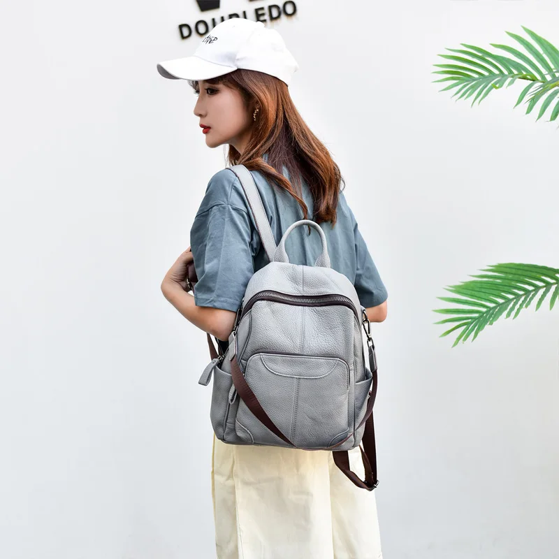 luxury genuine leather backpack women casual cow leather backpacks for travel gray ladies shoulder bag