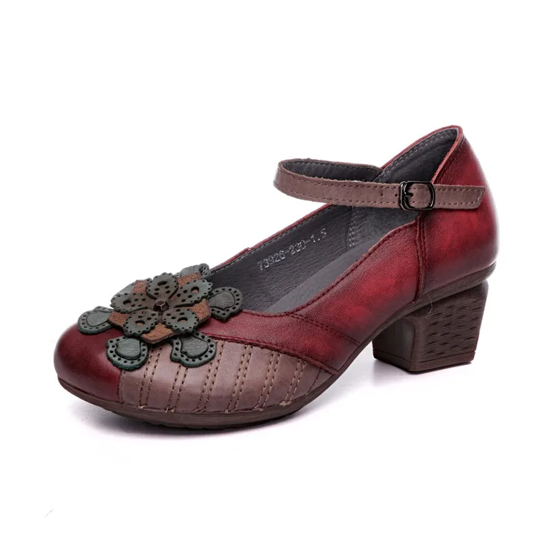 

Fashion High Heels Leather Women Shoes Retro Ethnic Flowers Mother Shoes Spring Autumn Thick Heel Ladies Shoes mid heel Shoe