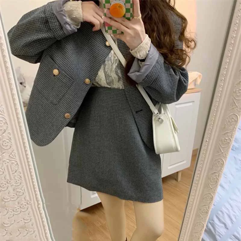 Осенний корейский Костюм с юбкой новинка 2021 текстурный серый темпераментный