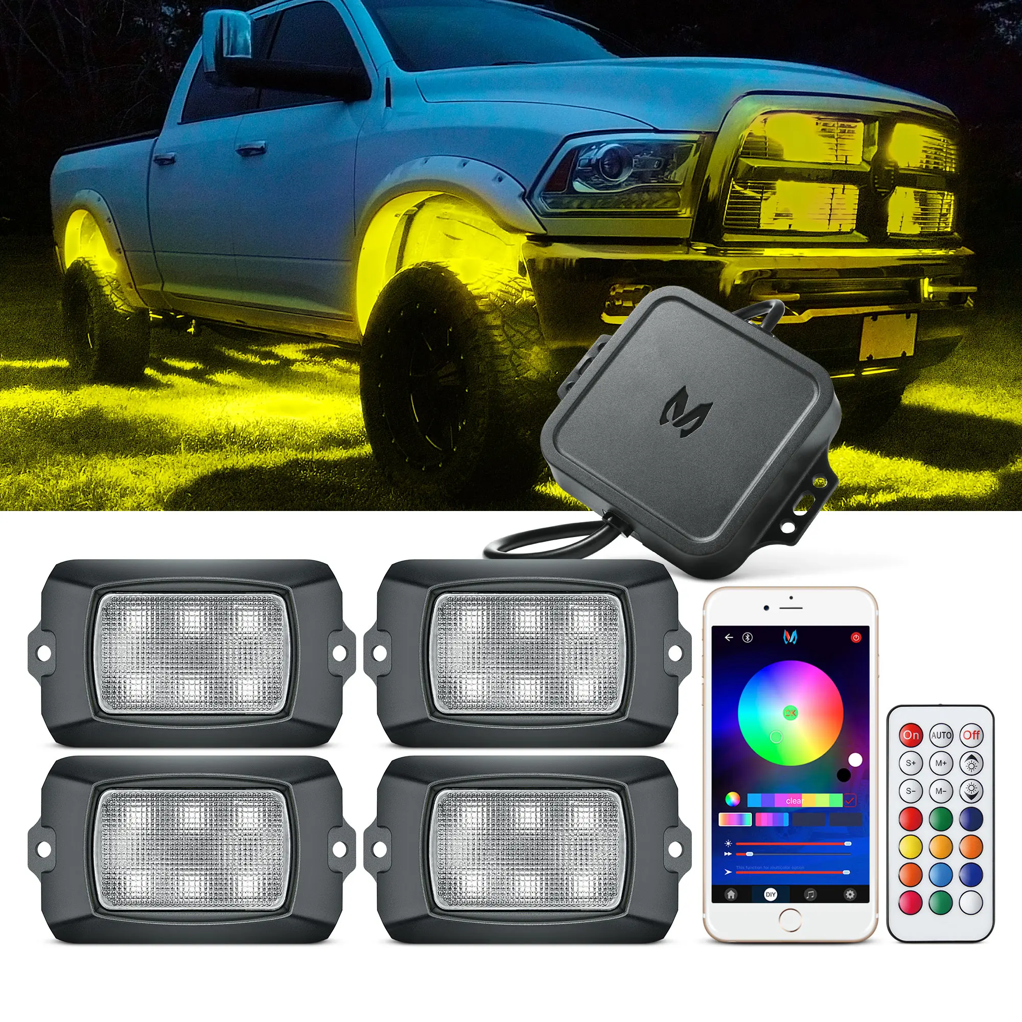 MICTUNING Q1 RGB LED Rock Lights 4 Pods Multicolor Underglow Neon Light Waterproof Underbody Glow Lamp Controller Remote Control