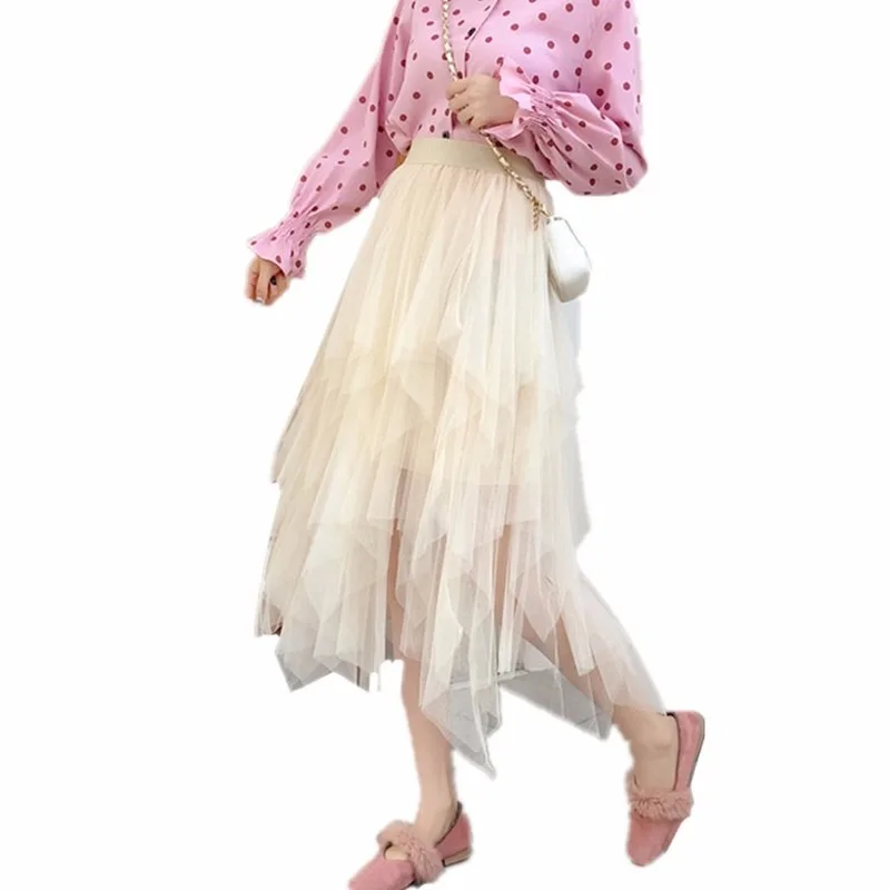 

Women Clothing Skirt Spring Summer New Irregular Puff Voile Mesh A-Line Skirts Black Blue Pink High Waist Skirts