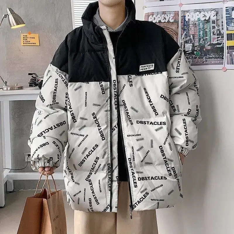 Autumn and Winter New Letter Padded Jacket To Keep Warm, Trendy Fashion Loose Simple Solid Color Stitching Printing Down Jacket