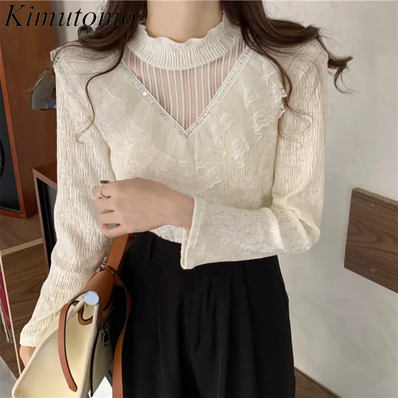 

Женская шикарная рубашка Kimutomo, весна 2022, новая сетчатая, с оборками, с вышивкой, с V-образным вырезом, кружевной, с полувысоким воротником, три...