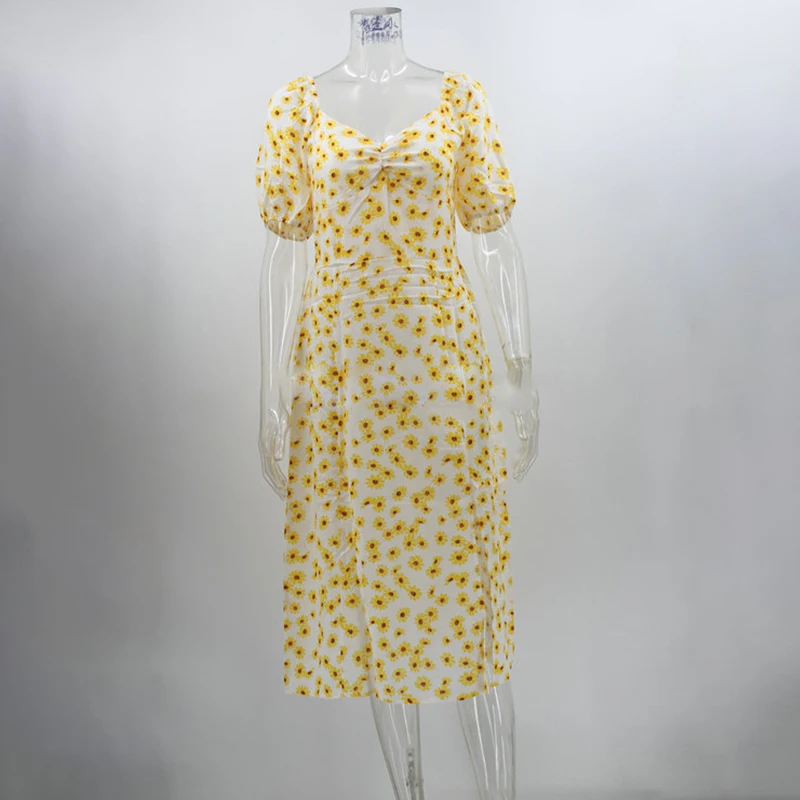 

Women Floral Print Sexy High Slit Dress 2021 Summer Elegant V-neck Lantern Short Sleeve Slim Boho Midi Dresses Party Robe Femme