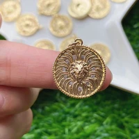 10pcscz pave lion head necklace pendant lion coin charm gold plated fashion lion medallion animal pendant necklace findings