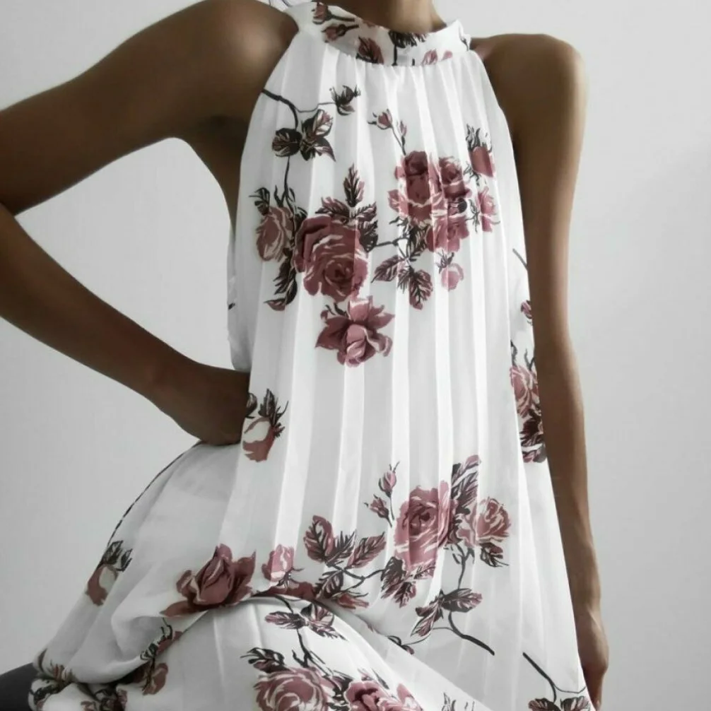 Женское Короткое платье без рукавов с цветочным принтом рюшами и лямкой на шее в