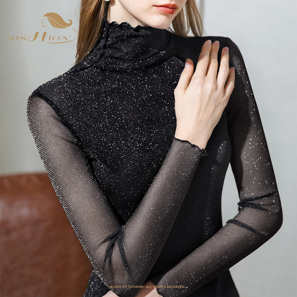 

Женский сетчатый топ YL0139, привлекательная черная футболка с высокой горловиной, яркий Шелковый кофточка, женская одежда