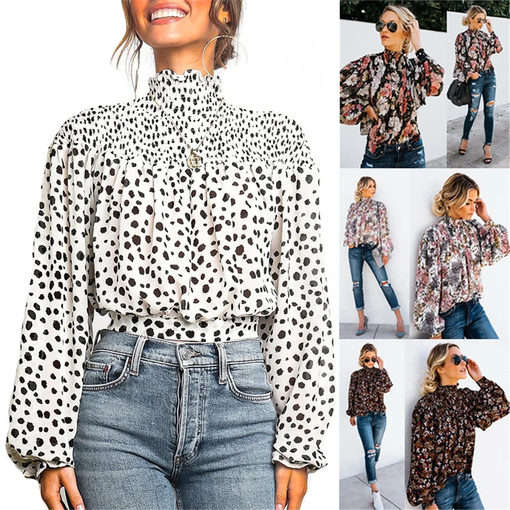 

2019 vintage Boho blouse Women Shirt Top Floral Print Long Sleeve Button Bow Ruffles High collar Casual High Street Shirt