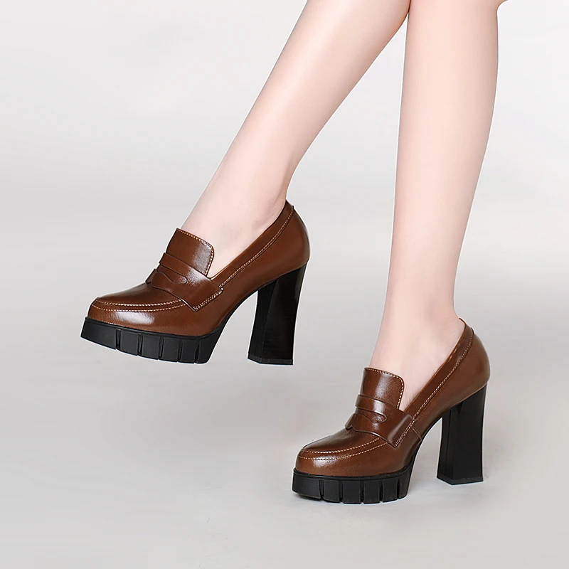 

MORAZORA 2021 genuine leather high heels shoes fashion round toe platform women pumps solid color party shoes black brown