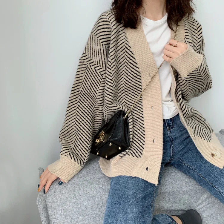 Mooirue/осень, женский милый вязаный кардиган, длинный кардиган в полоску, эластичный свитер, женские серые Топы