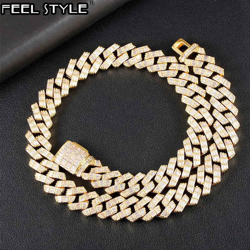 

Hip Hop 15MM 3 Row Baguette Prong Cuban Chains Bling Iced Out CZ Setting AAA+ Cubic Zirconia Box Buckle Necklace For Men Jewelry