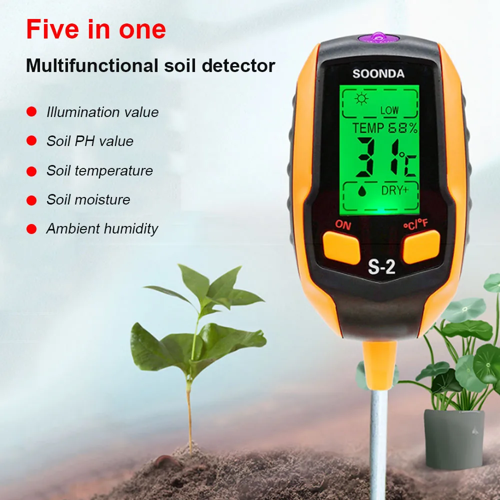 

Тестер почвы 5-в-1, анализатор влажности почвы, измеритель температуры почвы/влажности окружающей среды, интенсивности солнечного света