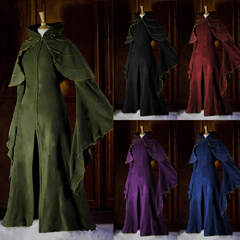 New Arrival Women Fairy Elf Cosplay Medieval Renaissance Hooded Dresses Flared Sleeve Patchwork Split Floor Length Vintage D |