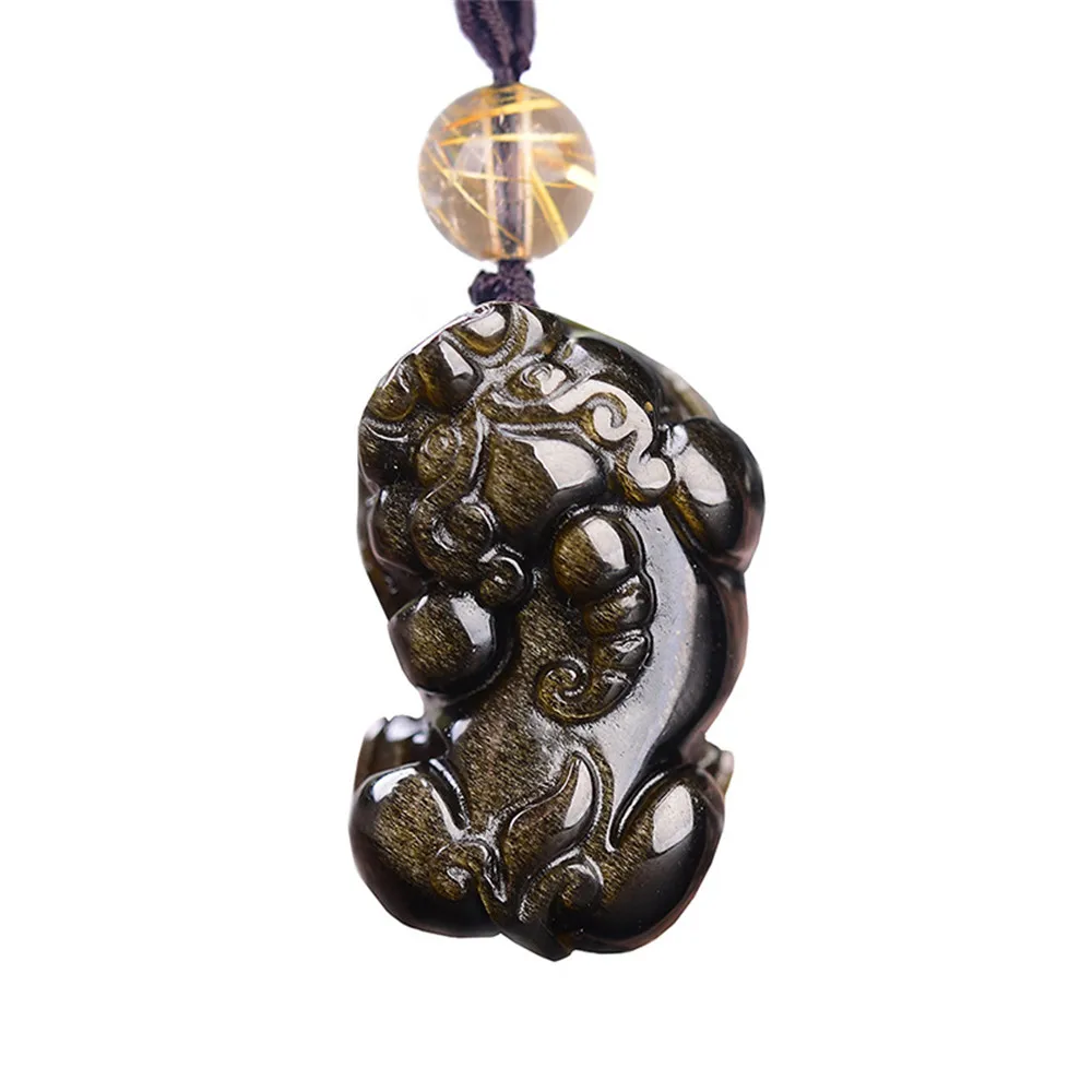 

Natural Gold Obsidian Quartz Pendant Necklace Pi Xiu Carved Jewelry For Women Men Luck Gift 31x18mm Wealth Gemstone Beads Chains