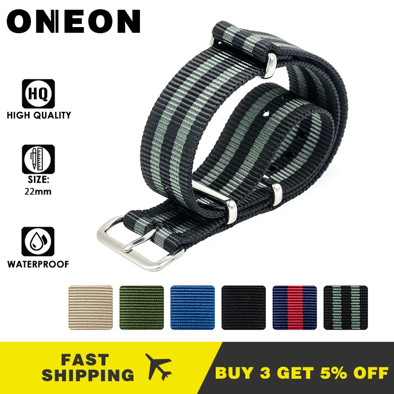 Ремешок ONEON для наручных часов черный спортивный браслет в полоску с пряжкой