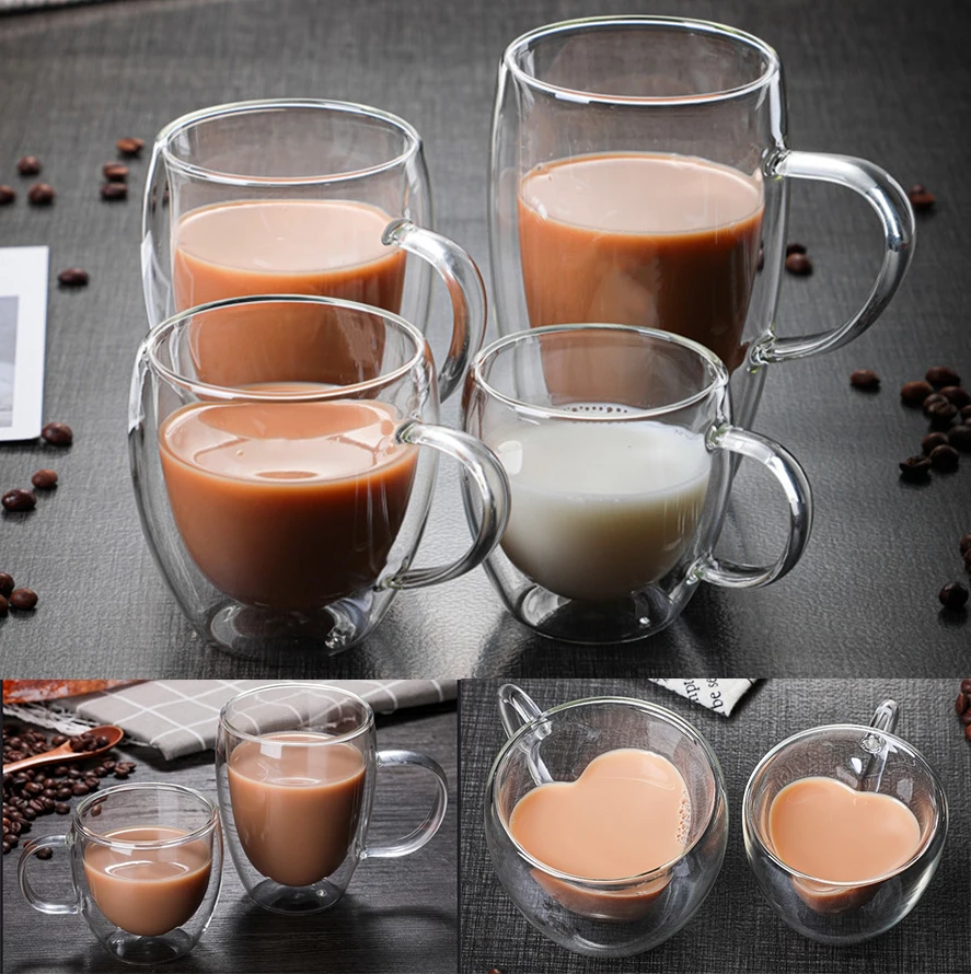 Double Walled Glass Cup Heart Shape Glass Insulated Cup Espresso Coffee Cup Coffee Mug Teacup Latte Cup Transparent Glass cup