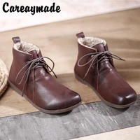 careaymade 100 genuine leather womens shoeslace up warm shoes autumnwinter new flat heel casual cotton ladies casual shoes