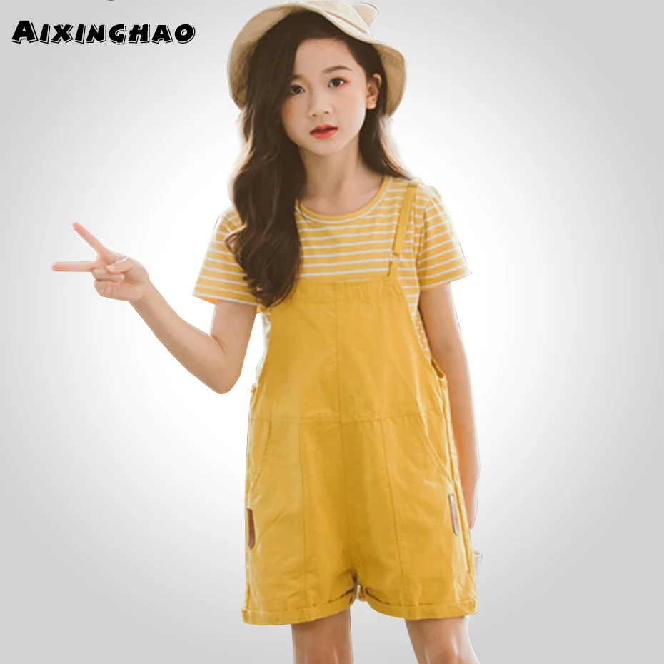 Комплект одежды для девочек рубашка в полоску + однотонный комбинезон костюмы из