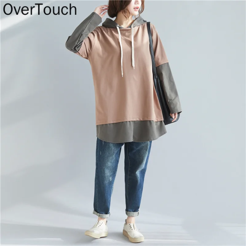 

Plus Size Women Hoodies Sweatshirts Spring Female Tops Pullovers Cotton Long Sleeve Loose Casual Spliced Hooded Clothes