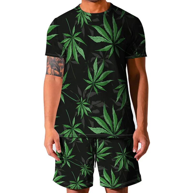 

2021New Summer Men's Set Hawaii 3D Tropical Plant Print T-Shirt + Shorts Beach Two Piece Suit Casual Sets Large Size S-6XL