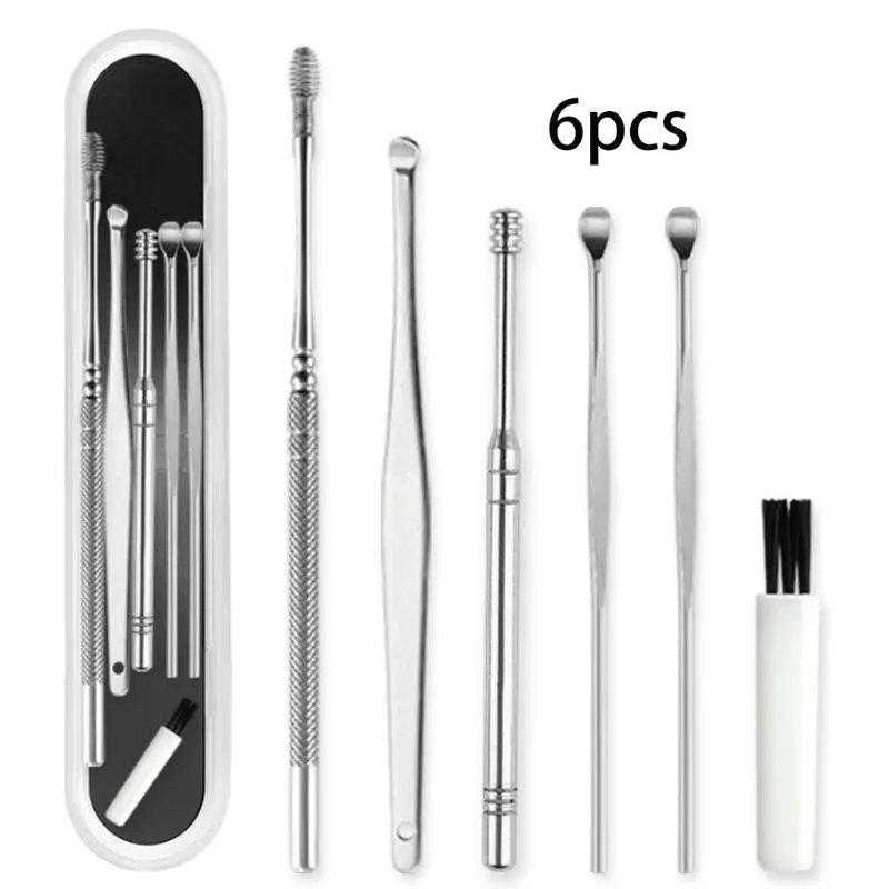 

6Pcs/Set Stainless Steel Ear Wax Removal Tool Cleaner Kit Spiral Earwax Curette Pick Spoons Cleaning Brush Health Care with Case