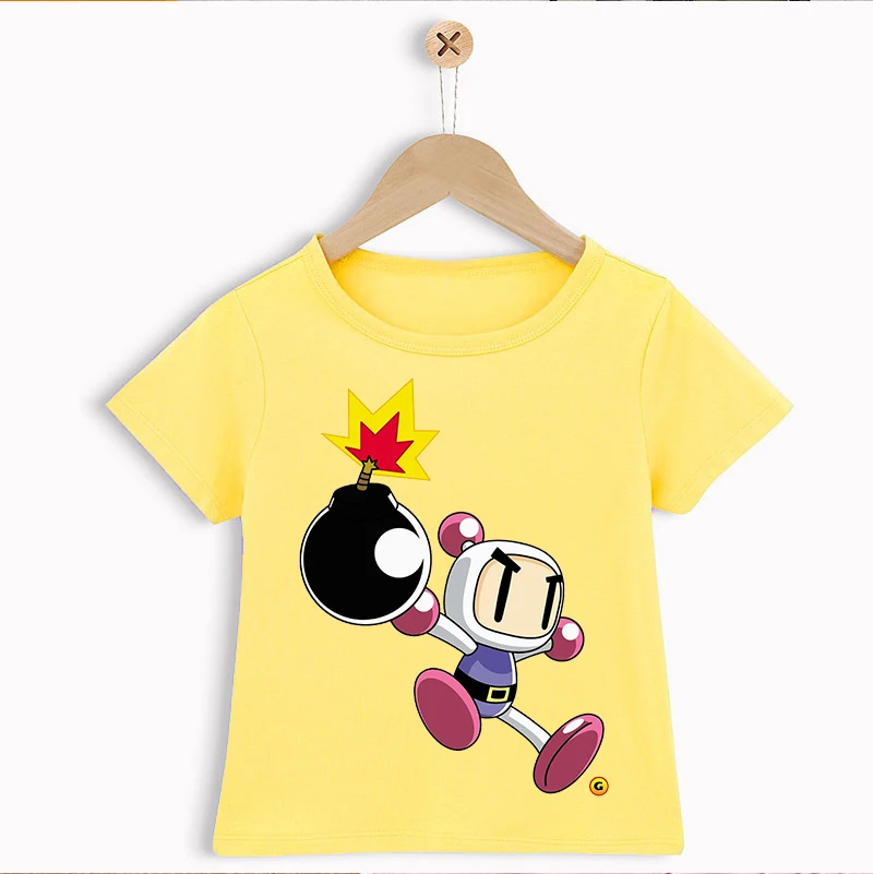 

T-shirt for boys/girls Bomberman cartoon print kawaii children's clothing Summer boys/girls tshirt yellow, coffee powder, tops