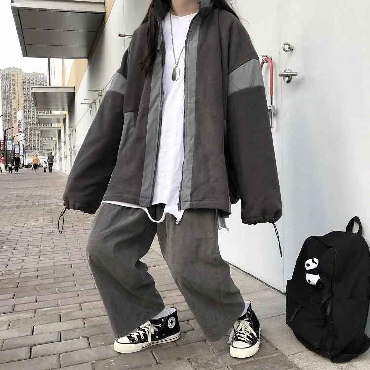 

womens jackets and coats pockets loose zipper solid turn-down collar ins Korean style streetwear Women's Clothing Female bf