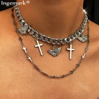 high quality gothic angel cross pendant choker necklace for women vintage layered coin chunky chain necklaces men jesus jewelry