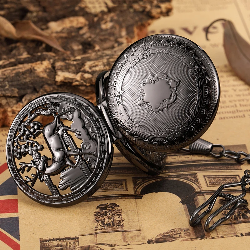 Black Deer Mechanical Pocket Watch Skeleton Vintage Antique Luxury Hollow Case Animal Engraved Male Fob Chain Clock for Men