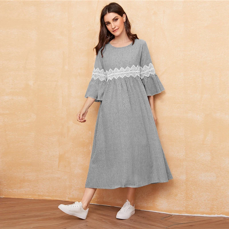 Dotfashion/повседневное кружевное платье с аппликацией, рукав-волан, женское платье, осень, 3/4, рукав А, ТРАПЕЦИЕВИДНОЕ ПЛАТЬЕ, женское платье в полоску с принтом Макси